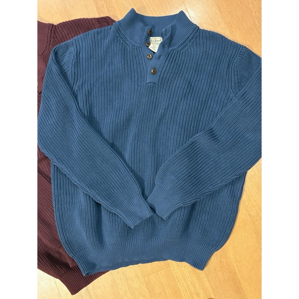 Lot Of (2) LL Bean Mock Neck Henley Sweater Blue Maroon Chunky Knit O FKP7 XXL - Picture 2 of 10